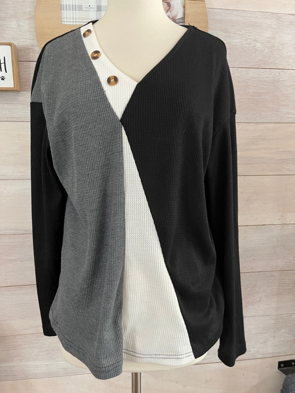 Colorblock Waffle Knit Top with Button Detail - Black, Gray, White L